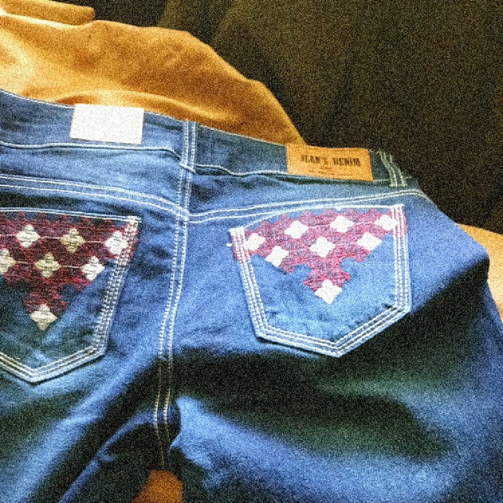 Classic Blue Boot Cut Jeans with Geometric Accents